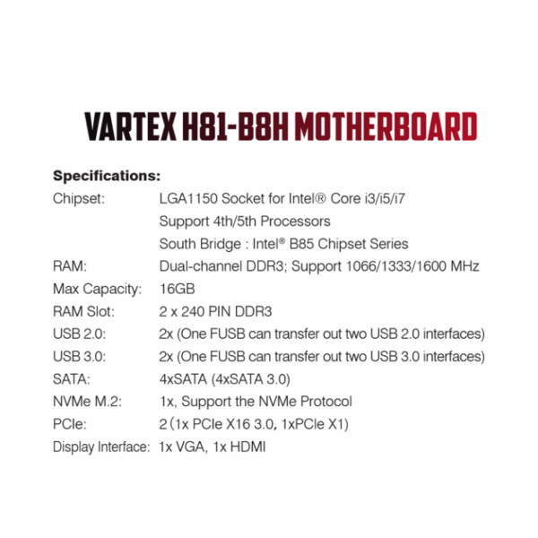 VARTEX H81-B8H Pro Series Motherboard with NVMe M.2 SSD Slot – LGA1155, Supports Intel i3/i5/i7 (4th/5th Gen Processors)
