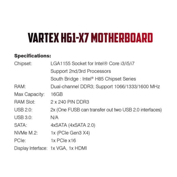 VARTEX H61-X7 Pro Series Motherboard with NVMe M.2 SSD Slot – LGA1155, Supports Intel i3/i5/i7 (2nd/3rd Gen Processors)